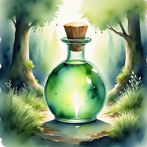 Show the glowing potion bottle shimmering with a soft, green light. In the background, soft tufts of moss covering old roots.