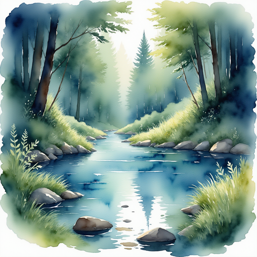 Illustrate a hidden, sparkling pond shimmering mysteriously in the forest. In the background, dense foliage partially conceals the pond.
