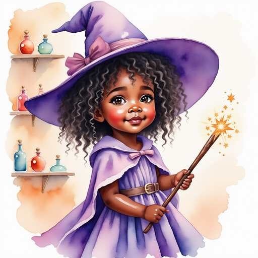 Willow - who is black - holds a sparkling wand with a gentle smile. In the background, colorful potions glow on tall shelves.