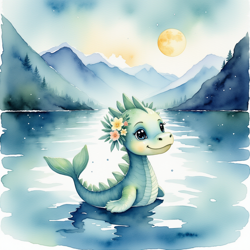 Nessie peeks out of the calm fjord waters, shimmering under the moonlight. In the background, ancient glacier walls