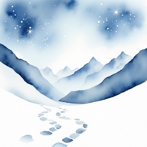 The page reveals snowy peaks and dancing footprints in white drifts. In the background, shining snowflakes twinkle in the sky on the page.