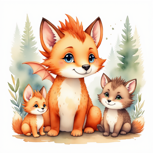 Illustrate a baby dragon named Fire B, happily playing with the forest animals. In the background, a magical forest and the princess's castle