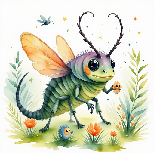 Buzzywhirl examining a tiny gear with interest. In the background, blossoms sway under flickering firefly lights.