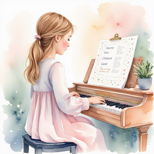Vivian sitting at her piano, with the star chart next to her.