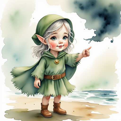 Show Flicker Sparkleaf pointing toward dark, swirling clouds. In the background, the waves rise high.