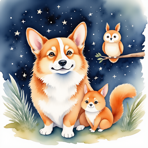 Illustrate a wise old owl perched on a branch, conveying wisdom to Rosie and Nutty. In the background, a night sky full of stars glows softly.