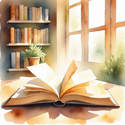 The gold book lies on a wooden table, pages glowing softly. In the background, soft shadows of tall shelves dance on the walls.