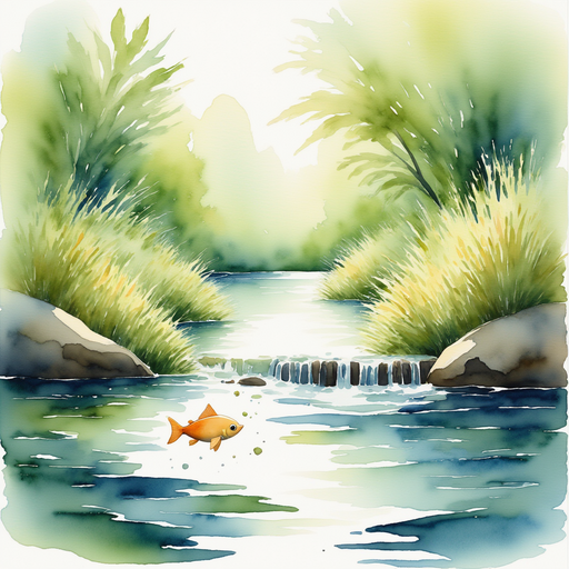 A small, golden key shimmering in the sunlight, half-submerged in water. In the background, lush greenery surrounding the stream.