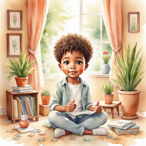 Michael sitting in his room, surrounded by puzzles and books.