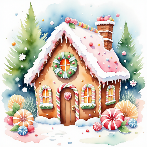 A quaint gingerbread house adorned with colorful gumdrop details and licorice windows, sitting sweetly on Gumdrop Lane. A candy-covered landscape with peppermint trees.