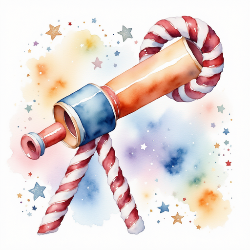 A shimmering telescope shaped like a candy cane In the background, sprinkling stardust