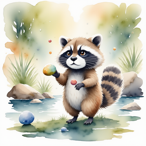 Show the raccoon juggling shiny stones, looking a bit worried as they nearly fall. In the background, a soft stream glistens between mossy rocks.