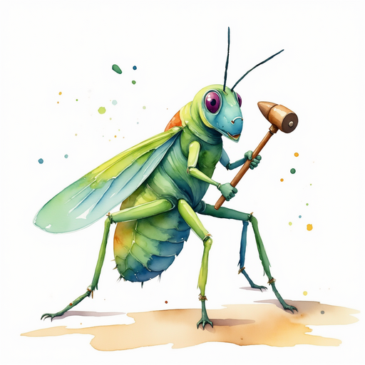 Buzzywhirl with a tiny hammer in hand. In the background, small scattered pebbles