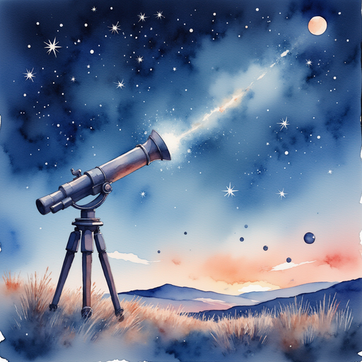 Show the battered telescope pointing toward the night sky In the background, gentle starlight sparkles across the plains