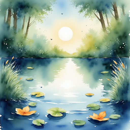 A shimmering lake with floating leaves. In the background, the evening sky twinkles.
