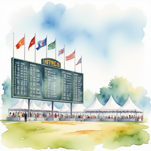 The grand scoreboard looms tall with neatly arranged rows and columns of event details. In the background, flags ripple in the soft breeze.