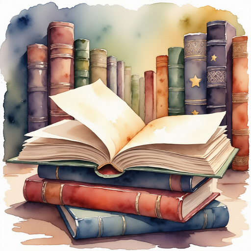 A large book with glittering edges and a glowing cover, perched high up. In the background, rows of ancient tomes stacked neatly.