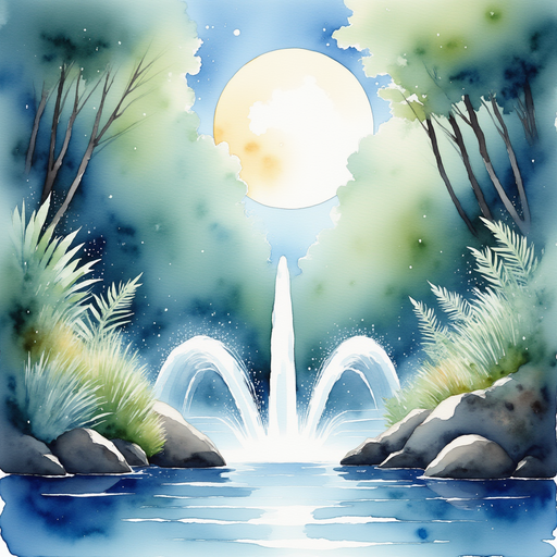 Show the glimmering fountain spraying soft arcs of water. In the background, tall ferns sway under a pale moon