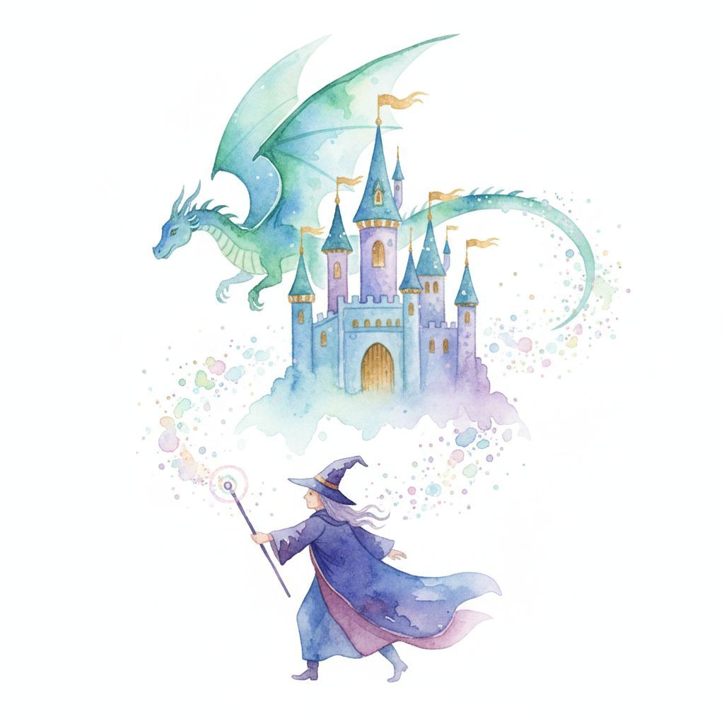 Magical realm with castles, dragons, wizards, and sparkling enchanted effects