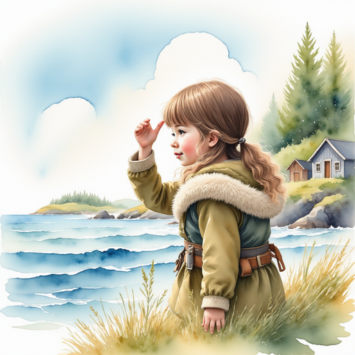 A young Viking girl gazes at the quiet sea, shading her eyes with one hand. In the background, simple huts line the rocky shore.