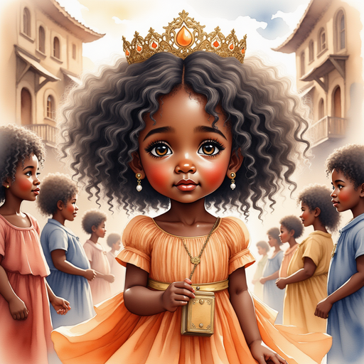 A small crowd of villagers listens attentively to Queen Neena. In the background, a half-timbered marketplace building.