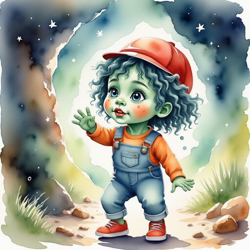 Zigzag Zander reaching to tag. In the background, glowing cave walls.