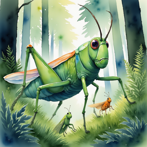 Show Buzzywhirl and the crickets traveling between towering mossy trunks. In the background, thick ferns hide the forest floor.