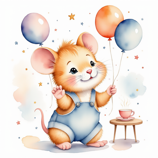 Polly, the little mouse, excitedly arranging colorful balloons and streamers around the room. In the background, a tiny table set for a tea party.