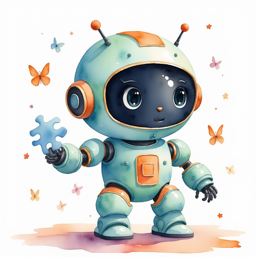 Blinky Sparx holding a shiny puzzle piece. In the background, butterflies dance quietly.