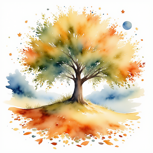 The towering oak tree looming over crunchy autumn leaves. In the background, a pale moon peeks through drifting clouds.