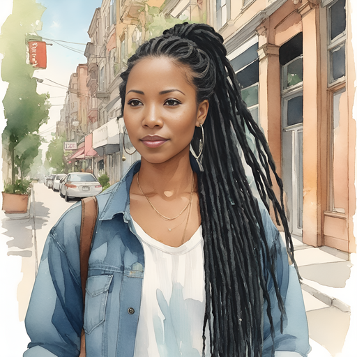 Y'londa long black dreadlocks pinned up ponytail black salon apron and denim jeans walking out of beauty salon in a bustling cityscape