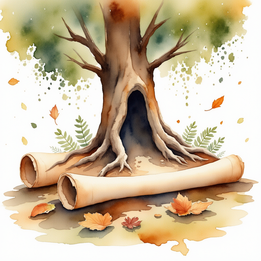 The rolled parchment lies atop thick, twisting roots. In the background, fallen leaves swirl around the hollow tree.