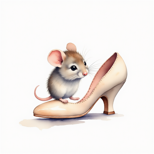 Capture the image of the mouse standing at the edge of the shoe, marveling at its reflection. An assortment of vintage shoes lined up neatly.