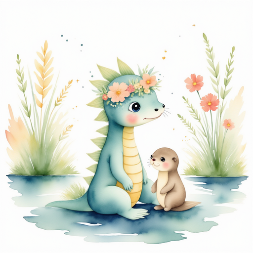 Nessie Sparkles listens sadly to the otter’s calm advice. In the background, tall reeds sway along the water’s edge.