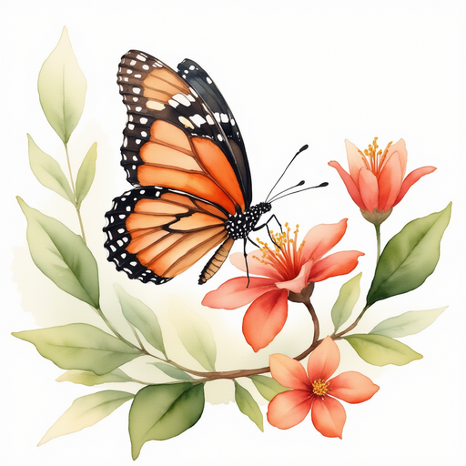 A close-up of a butterfly perched on a red blossom. In the background, leaves sway in a light breeze.