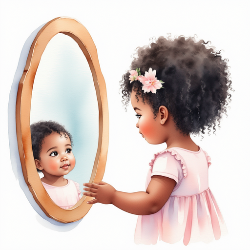 Ava combing her hair, looking at her reflection.