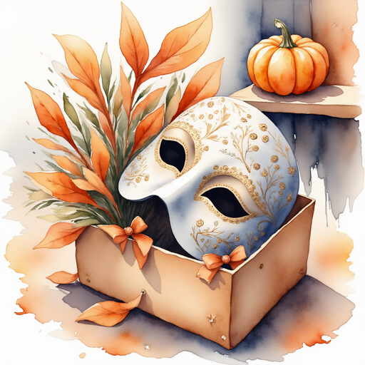 The swirling mask with orange and gold ribbons rests inside the box. In the background, there is a worn wooden shelf with a pumpkin perched on top.