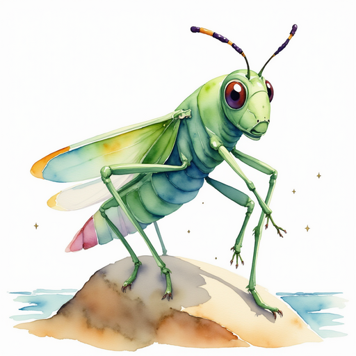 Buzzywhirl balances on a smooth rock, wings glinting in the sunlight. In the background, water sparkles like tiny diamonds.