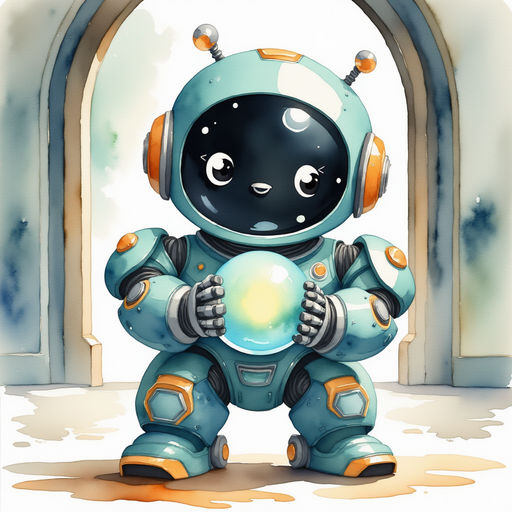 Show Blinky Sparx cradling the orb gently, while a soft glow lights their face. In the background are glass doors reflecting bits of light from the orb.