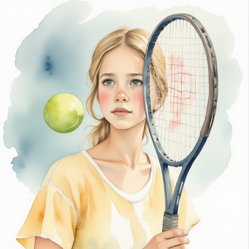 Vivian looking at a tennis racket and ball, with a worried expression.