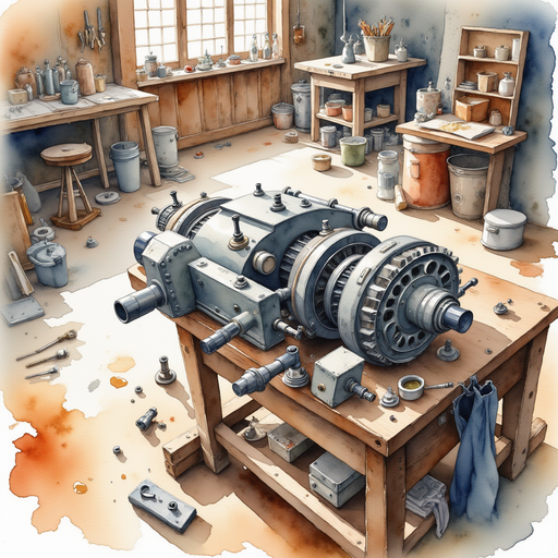 A half-built mechanical puzzle lying jumbled on a workbench In the background a cluttered floor with spilled tools