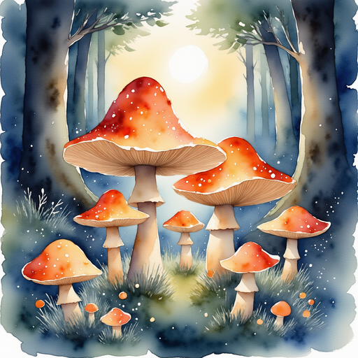 The swirling mushrooms glowing in a soft circle of light. In the background, dark tree trunks twist around each other.