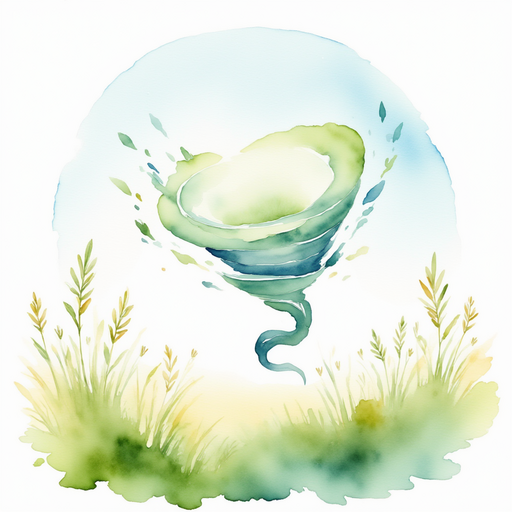 A little spinning wind funnel in the middle of the meadow, twirling bits of grass. In the background, the blue sky looks calm except for the spinning breeze