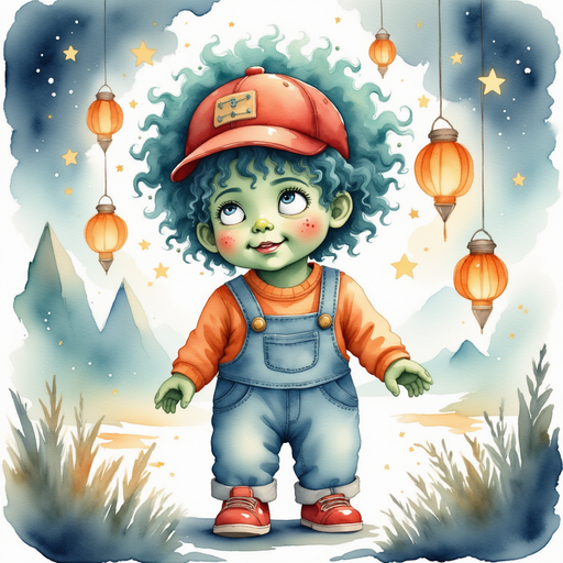 Zigzag Zander looking up at the swaying lantern, his eyes wide but steady. In the background, dark clouds swirl near distant peaks