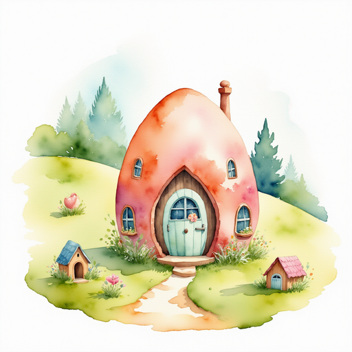 A whimsical cottage shaped like a giant painted egg, adorned with flowers and lanterns. In the background, pastel-colored tulip fields sway gently in the breeze.