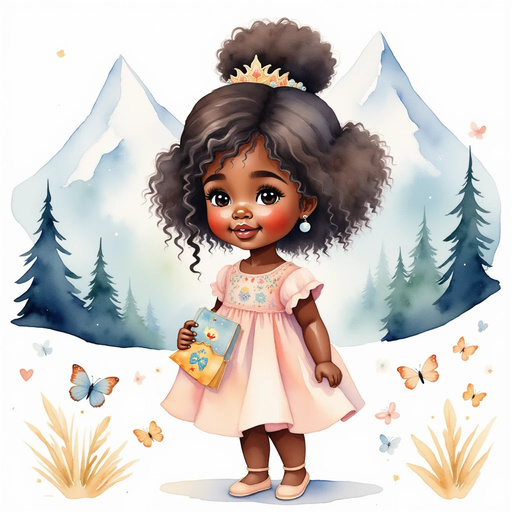 Princess Zoombella - who is black - stands at the foot of a snowy hill, clutching a butterfly guidebook. In the background, tall snow-capped mountains