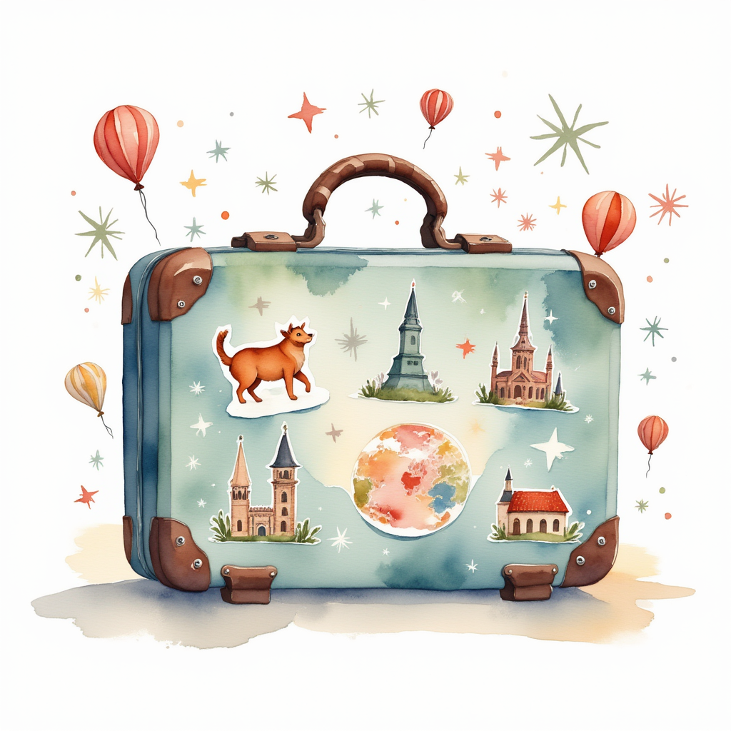 Depict a cute suitcase with stickers from different cities all over the world.