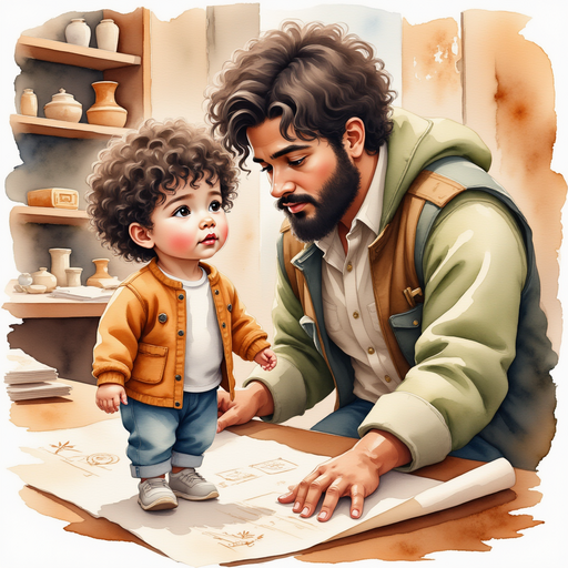 At the historian's workshop, Cristian traces the symbols while the historian watches eagerly. In the background, shelves filled with ancient artifacts and rolled-up blueprints.