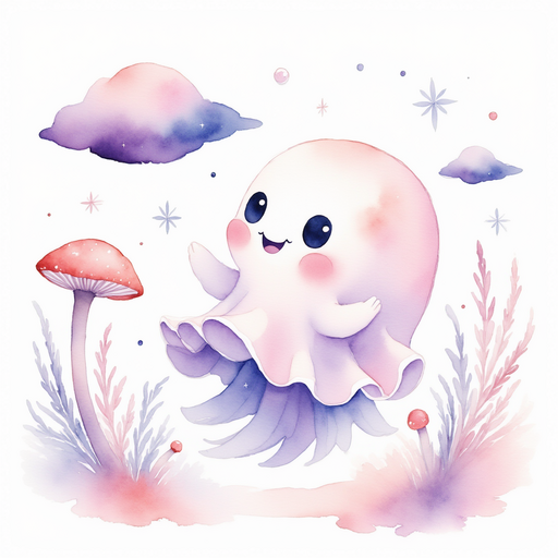 Glimmer Puff waves tiny arms at the drifting cloud. In the background tall mushrooms glow softly.