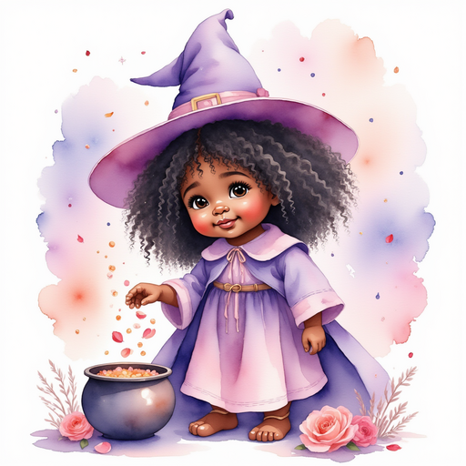 Willow Charms- who is black - gently sprinkles rose petals into a shining cauldron. In the background, swirling magic sparkles float above the floor.